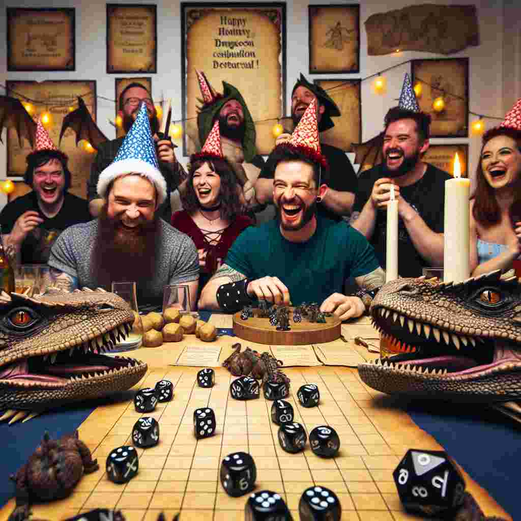 Attendees are seen laughing and cheering around a birthday table themed with elements of a popular role-playing board game. Real bearded dragons, wearing festive hats, seem to watch with interest as players roll dice to determine their next turn. The room is alive with the ambience of medieval fantasy, with decorative pieces in the shape of dice hanging down from above and hand-drawn maps cleverly hidden to guide guests through a humorous dungeon crawl made especially for the birthday celebration. The image is filled with a sense of humor and bonding among friends.
Generated with these themes: Dungeons and dragons, Dice, and Bearded dragons.
Made with ❤️ by AI.