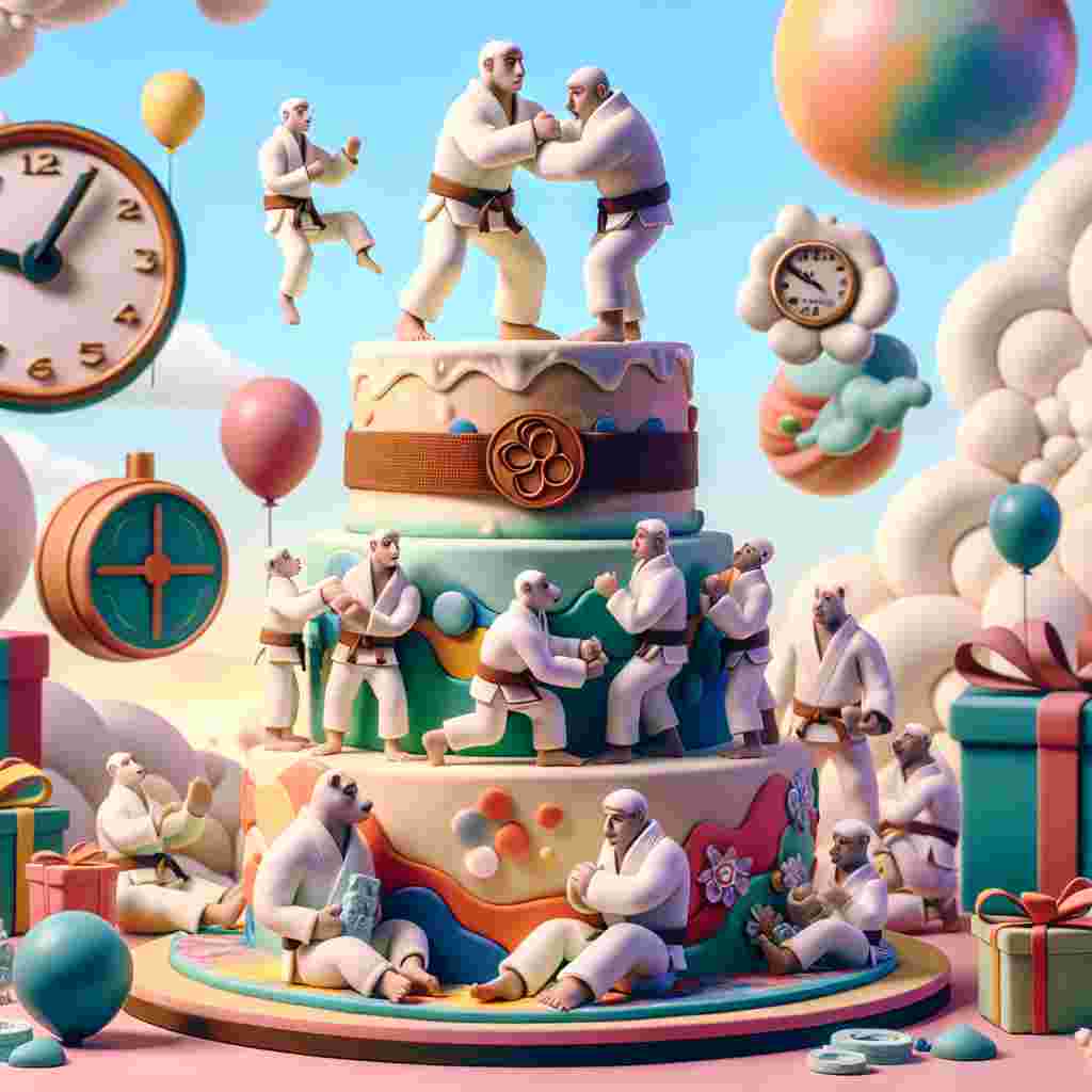 In a whimsical and dreamy birthday environment, picture a multilayered cake adorned with edible decorations resembling jiu-jitsu belts, along with edible figures demonstrating the arm bar technique. The backdrop of this animation-style scene boasts abstract shapes and melted clocks, highlighting a surrealistic vibe. The party attendees, portrayed as animated animals dressed in martial arts gear, are engaged with their surroundings, softly practicing arm bar maneuvers amongst floating presents and oddly shaped balloons.
Generated with these themes: Jiu jitsu , and Arm bar.
Made with ❤️ by AI.