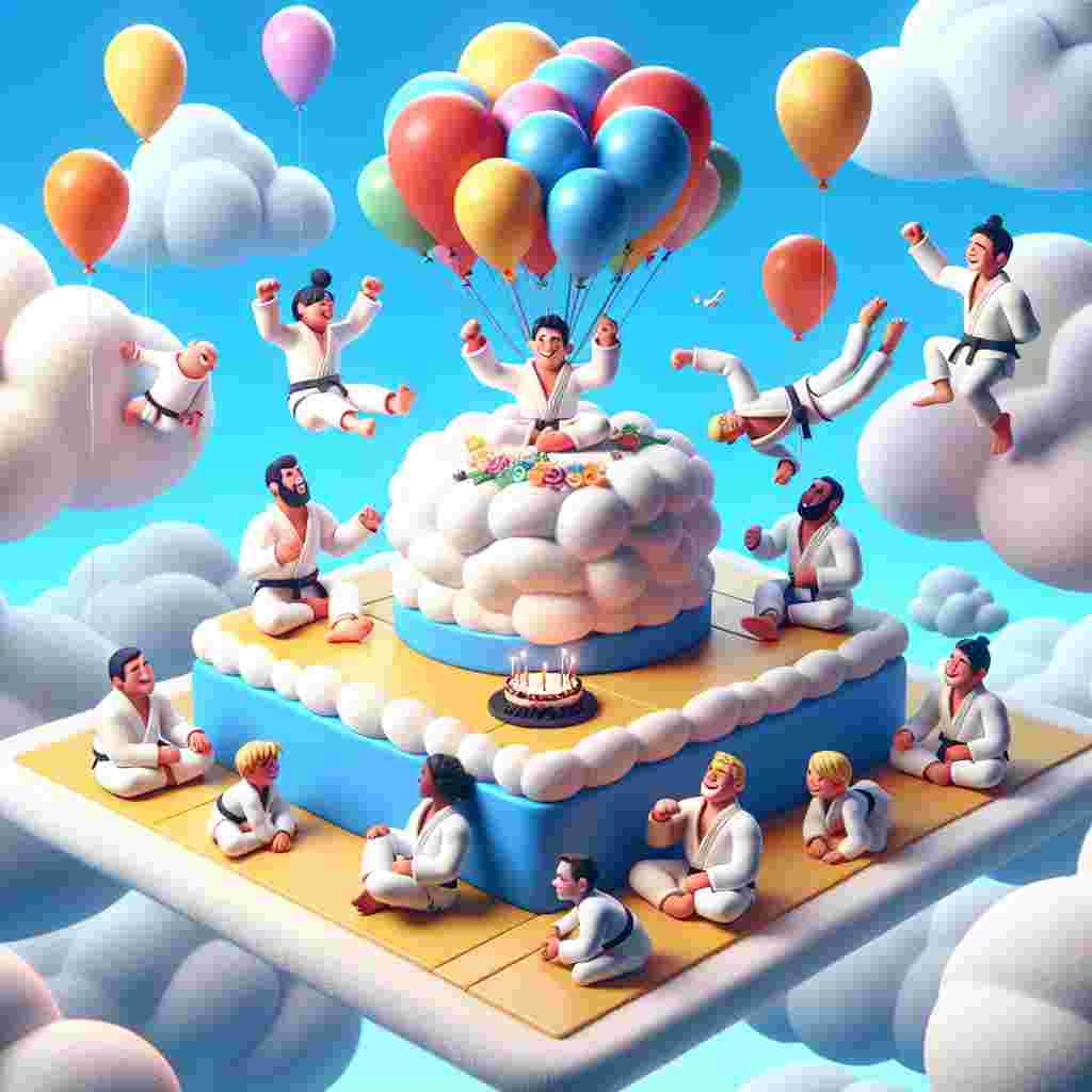 Create a surreal cartoon-style image of a birthday celebration, featuring a vibrant color palette. The theme is a jiu jitsu dojo situated on a whimsical floating island in the sky. Add gravity-defying balloons attached to the tatami mats. Portray diverse characters of both genders, wearing gis, sparring mid-air and executing flawless arm bars. The birthday cake, modeled like an oversized fluffy cloud, sits at the center of the scene, adorned with playful figurines of various descents, who are engaged in a friendly martial arts competition.
Generated with these themes: Jiu jitsu , and Arm bar.
Made with ❤️ by AI.