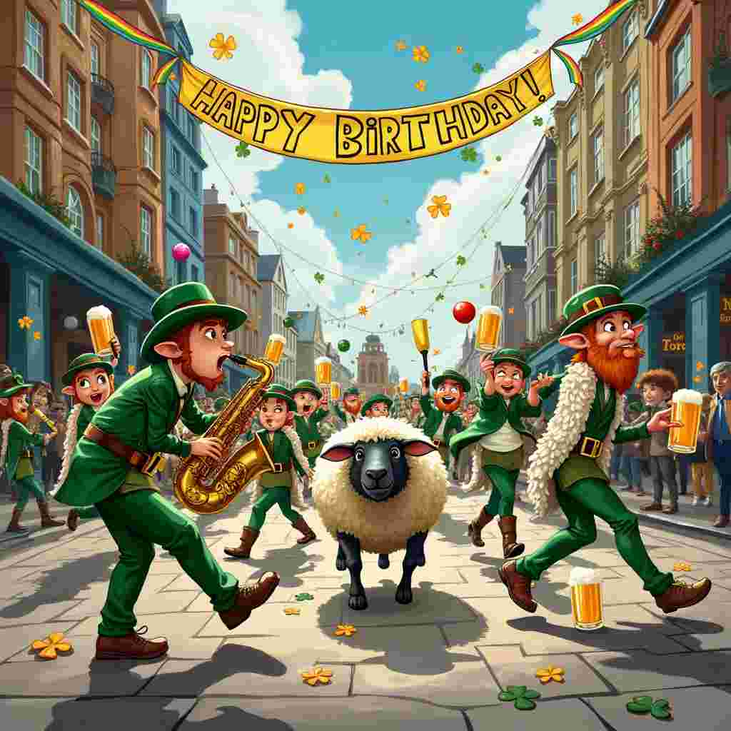 In the bustling heart of Dublin, a lively birthday parade is underway, blending the worlds of musicals, cricket, Ireland, color, and saxophones into a whimsically detailed cartoon scene. The main stage is set in front of the iconic Ha'penny Bridge, adorned with vibrant shamrocks and rainbow-colored streamers swaying in the gentle breeze. 

On the left side of the scene, a group of cheerful leprechauns dressed in sparkling green cricket uniforms are mid-match, wielding cricket bats adorned with musical notes. The cricket ball is a glittering disco ball, reflecting bursts of color across the scene as it flies through the air.

Center stage, a saxophone-playing sheep with a jaunty hat and tap shoes is belting out a jazzy rendition of "Happy Birthday" while riverdancing alongside a troupe of animated musical notes that have come to life. The sheep’s wool is dyed in a patchwork of bright, clashing colors, adding a zany twist to the traditional Irish landscape.

To the right, a pint-sized figure reminiscent of Calvin from "Calvin and Hobbes" stands on a small, makeshift podium, directing a choir of pint glasses filled with frothy, animated beer, each glass swaying and singing along harmoniously. Behind him, a backdrop painted in the style of Hergé’s Tintin displays a bustling Dublin street scene, complete with quaint, colorful shopfronts and cobblestone streets.

In the sky above, a giant, playful cartoon banner flown by a flock of cheerful seagulls reads “Happy Birthday!” in a bold, exuberant font that splashes across the scene like a burst of confetti.

Every character and element is depicted with a touch of humor and whimsy, creating a vibrant and bustling scene where the worlds of musicals, cricket, Ireland, and a riot of color harmoniously collide.
Generated with these themes: Musicals, Cricket,  Ireland , Colour, and Saxophone.
Made with ❤️ by AI.