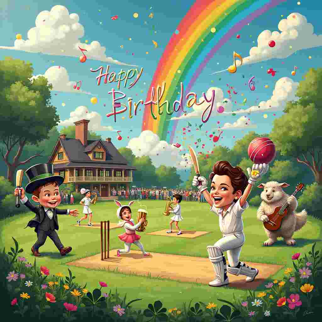 In the whimsical world of our birthday greeting card, imagine a lush, emerald-green cricket field set in the picturesque Irish countryside, dotted with blooming clover and vibrant, colorful wildflowers. The cricket pitch is alive with activity. At the center, instead of typical cricket players, we see a motley crew of cartoon characters dressed as famous musical figures: there's a caricature of Gene Kelly tap-dancing on the pitch while holding a cricket bat, Julie Andrews in her Sound of Music attire belting out a tune while catching a ball, and a Lionel Richie lookalike crooning into a cricket stump microphone. 

On the boundary line, a lively brass band of anthropomorphic animals is playing—there's a saxophone-wielding leprechaun rabbit with a shamrock bowler hat, a beaver on the trumpet, and a sheep expertly strumming a guitar. 

A traditional Irish pub is perched in the background, with patrons spilling out to watch the game, raising colorful pints of beer in cheers. Overhead, a flamboyant rainbow arches across a bright blue sky, with cartoonish, white fluffy clouds shaped like musical notes and cricket balls.

Additionally, a friendly-looking caricature of the legendary Irish cricketer, Ed Joyce, stands at the crease, but with a twist—he’s donning a classic Broadway musical outfit, complete with a top hat and tails. His cricket pads are extravagantly decorated with colorful confetti and glitter.

A section of the field is splashed with an array of paint splatters, as if a giant artist's palette has been upended, adding a burst of color to the grass. Amidst the chaos, a quirky, oversized cricket scoreboard with animated features is singing "Happy Birthday" with musical notes streaming out.

This is a scene of joyful mayhem, with each element vividly and humorously brought to life, blending the worlds of musicals, cricket, Ireland, and vibrant colors in a delightful birthday celebration.
Generated with these themes: Musicals, Cricket,  Ireland , Colour, and Saxophone.
Made with ❤️ by AI.