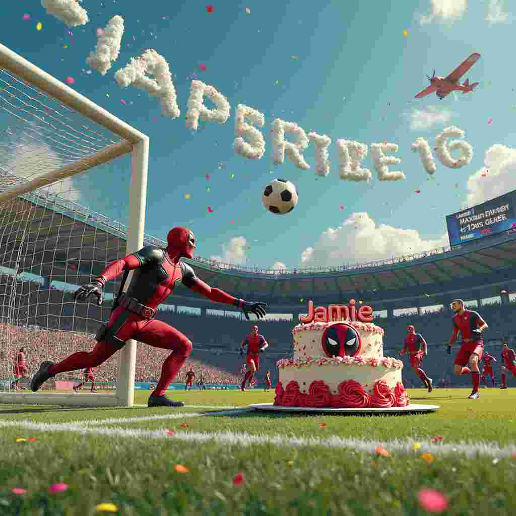 In the scene, imagine a soccer field under a clear, bright blue sky. Deadpool, in his iconic red and black costume, is the goalkeeper, standing in front of a massive goalpost. His mask is slightly askew, revealing a comically exaggerated expression of determination. To his right, there's a giant, elaborately decorated birthday cake positioned on the goal line, with "Jamie 16" written in icing across the top in vibrant, playful letters. The cake has layers of red velvet and chocolate, with soccer ball decorations made from fondant.

In the middle of the field, there's a soccer ball emblazoned with Deadpool's logo—a black circle with red eyes. Several players dressed in superhero costumes from the Marvel universe—like Spider-Man, Wolverine, and Captain America—are in action, chasing the ball. Spider-Man is mid-air, shooting webbing towards the ball to redirect it, while Wolverine is about to kick it with his claws retracted to avoid popping it. Captain America, with his shield on his back, is running energetically towards the goal, ready to make a spectacular shot.

Above the field, a skywriting plane is spelling out "Happy Birthday Jamie 16" in fluffy white letters that stretch across the sky. In the background, spectators dressed as Deadpool cheer excitedly from the stands, waving flags and holding up signs with humorous Deadpool phrases like "Maximum Effort" and "Chimichangas for Everyone!"

On one side of the field, there's a giant scoreboard with "Jamie 16" displayed in large, celebratory numbers, and the score humorously stuck at "16-0" in favor of Jamie’s team. The lush green grass of the soccer field is dotted with colorful confetti and streamers, adding to the festive atmosphere. The overall scene is dynamic and full of energy, capturing a playful and memorable moment that perfectly blends the worlds of Deadpool and soccer for Jamie's special day.
Generated with these themes: Deadpool, and Soccer.
Made with ❤️ by AI.