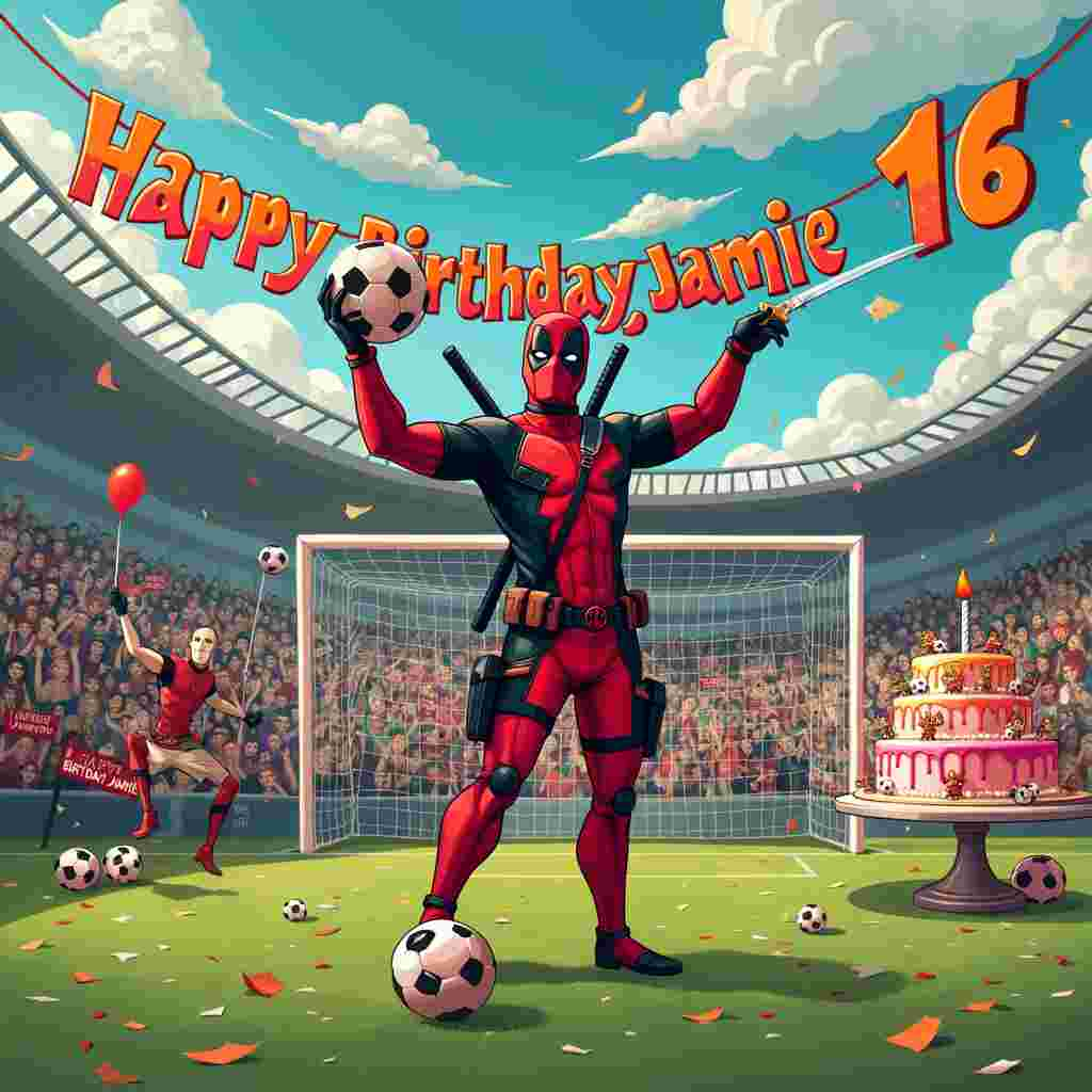 In the center of the scene, we have Deadpool in full regalia, including his iconic red and black suit, standing mid-field on a vibrant green soccer pitch. Deadpool is striking a dramatic pose as he balances a soccer ball on the tip of his katana. The soccer field is surrounded by cheering, cartoon-like spectators in the stands, many of whom are waving tiny Deadpool flags.

Behind Deadpool, the goalposts are festooned with an elaborate "Happy Birthday Jamie 16" banner in bright, bold letters. The banner is strung between two goalposts and features a combination of Deadpool's signature colors and soccer motifs. 

In the background sky, fluffy clouds spell out "Jamie 16" in a playful, almost graffiti-like font, and a few cartoonish soccer balls are scattered among the clouds, making it look like they are bouncing around in the sky.

To the right side of the field, there's a life-sized Deadpool-themed birthday cake on a stand, with a large "16" candle at the top. The cake is decorated with mini soccer balls and Deadpool figurines in various action poses, and there are some balloons tied to the stand.

On the left side of the field, you see a scoreboard that reads "Jamie: 16, Villains: 0," further incorporating the birthday theme into the soccer setting. Some of the "villains" in the stands, comically defeated, are holding up signs that say "Happy Birthday Jamie!" in defeat.

The scene is full of little details like Deadpool autographing soccer balls, a few chimichangas on a sideline picnic table, and confetti falling from above, adding a festive touch to the whole soccer match/birthday celebration hybrid.
Generated with these themes: Deadpool, and Soccer.
Made with ❤️ by AI.