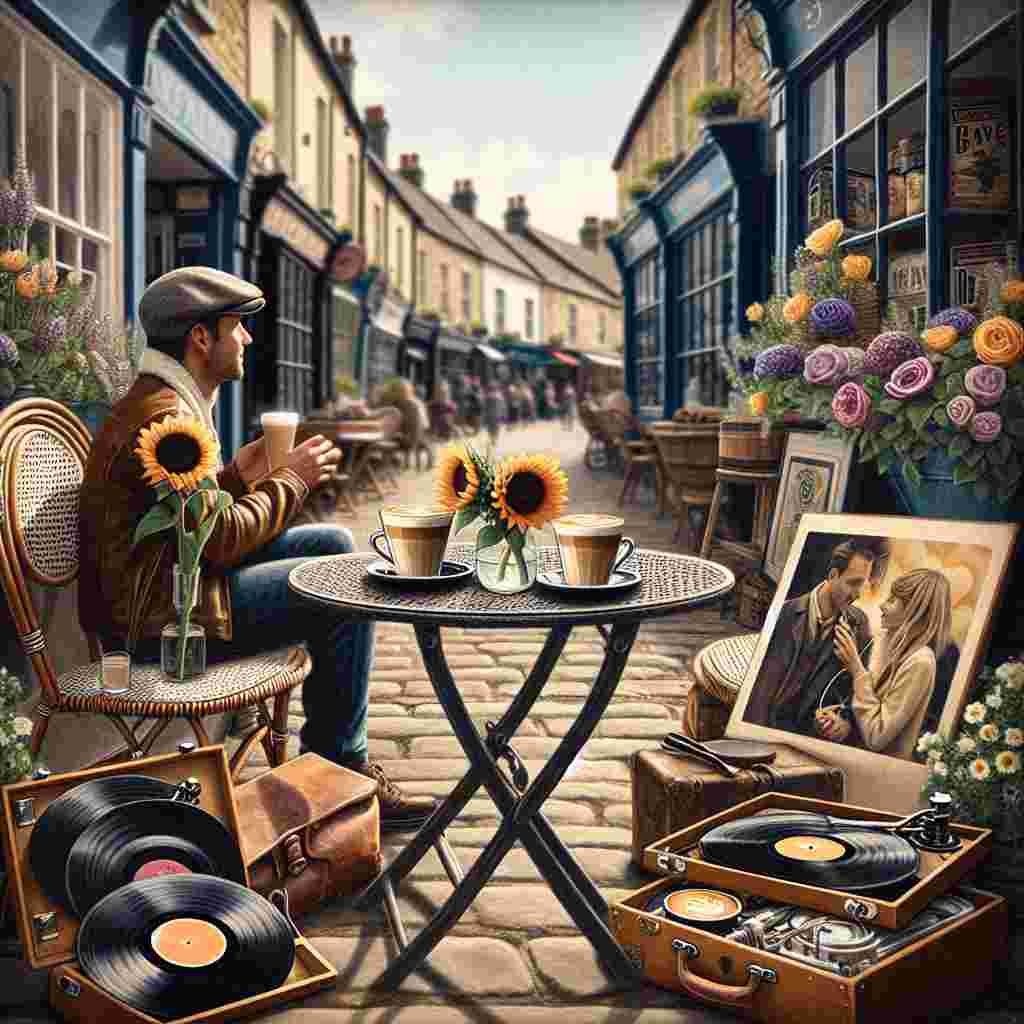 Create an image capturing the essence of Valentine's Day set in a traditional English market street. Visualize a lovely bistro table equipped for two, comfortably positioned outside an inviting café. Upon the table are two frothy cappuccinos, ready to be enjoyed by the couple. Details such as vinyl records and sunflowers are scattered around the setting, symbolizing the harmonious blend of passions and nature. The warmth of love and connection is palpable in this quaint town setting, creating an unforgettable romantic moment.
Generated with these themes: Bistro table set for two people outside a café , Vinyl records, English market street town, Two cappuccinos on the table, Love, and Sunflowers .
Made with ❤️ by AI.