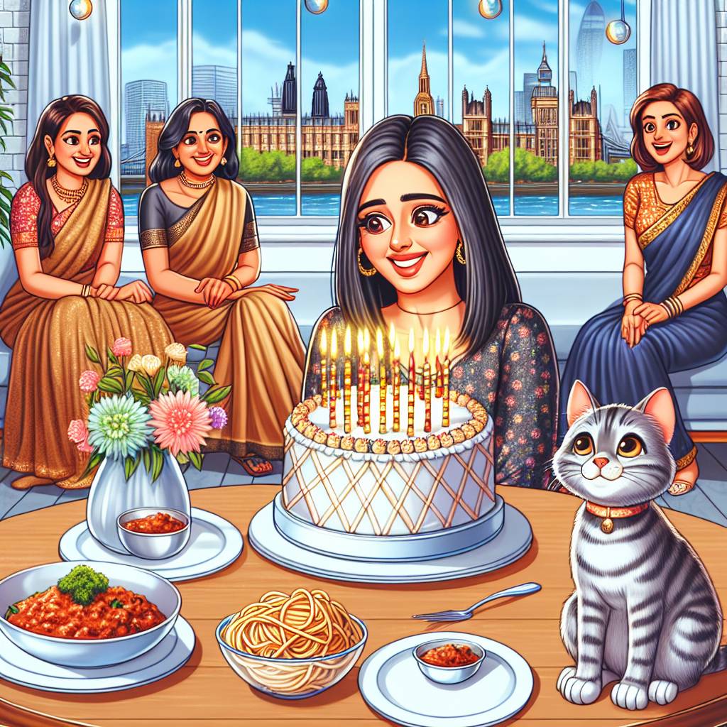 1) Birthday AI Generated Card - Indian woman, Happy female friends, London, Grey Bengal Cat, Birthday cake, and Spaghetti Bolognese (c5e47)