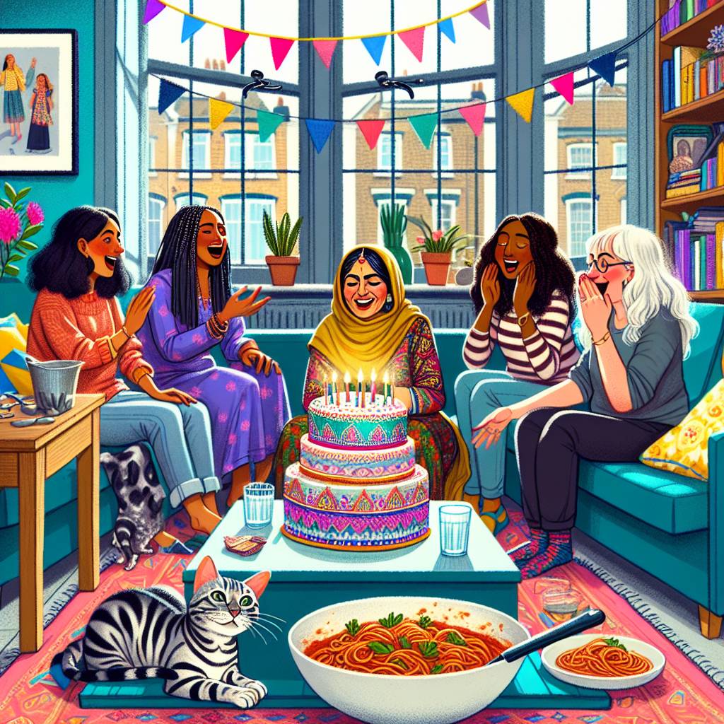 2) Birthday AI Generated Card - Indian woman, Happy female friends, London, Grey Bengal Cat, Birthday cake, and Spaghetti Bolognese (01b8d)