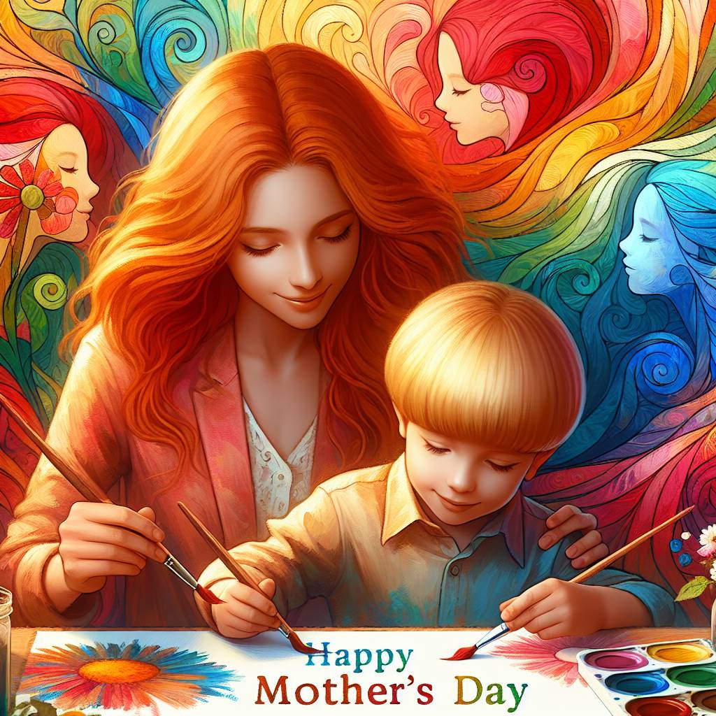 1) Mothers-day AI Generated Card - Girl with long red hair, Younger boy with blond bowl cut hair, Painting, and Alphabet letters (3a903)