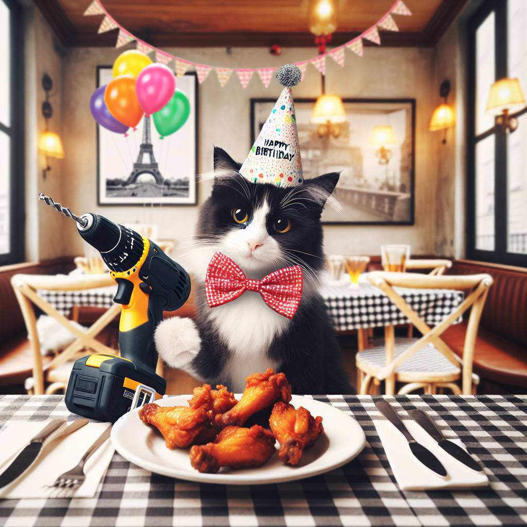 2) Birthday AI Generated Card - Black and white short hair cat , Power drill , Chicken wings, and France (541dc)
