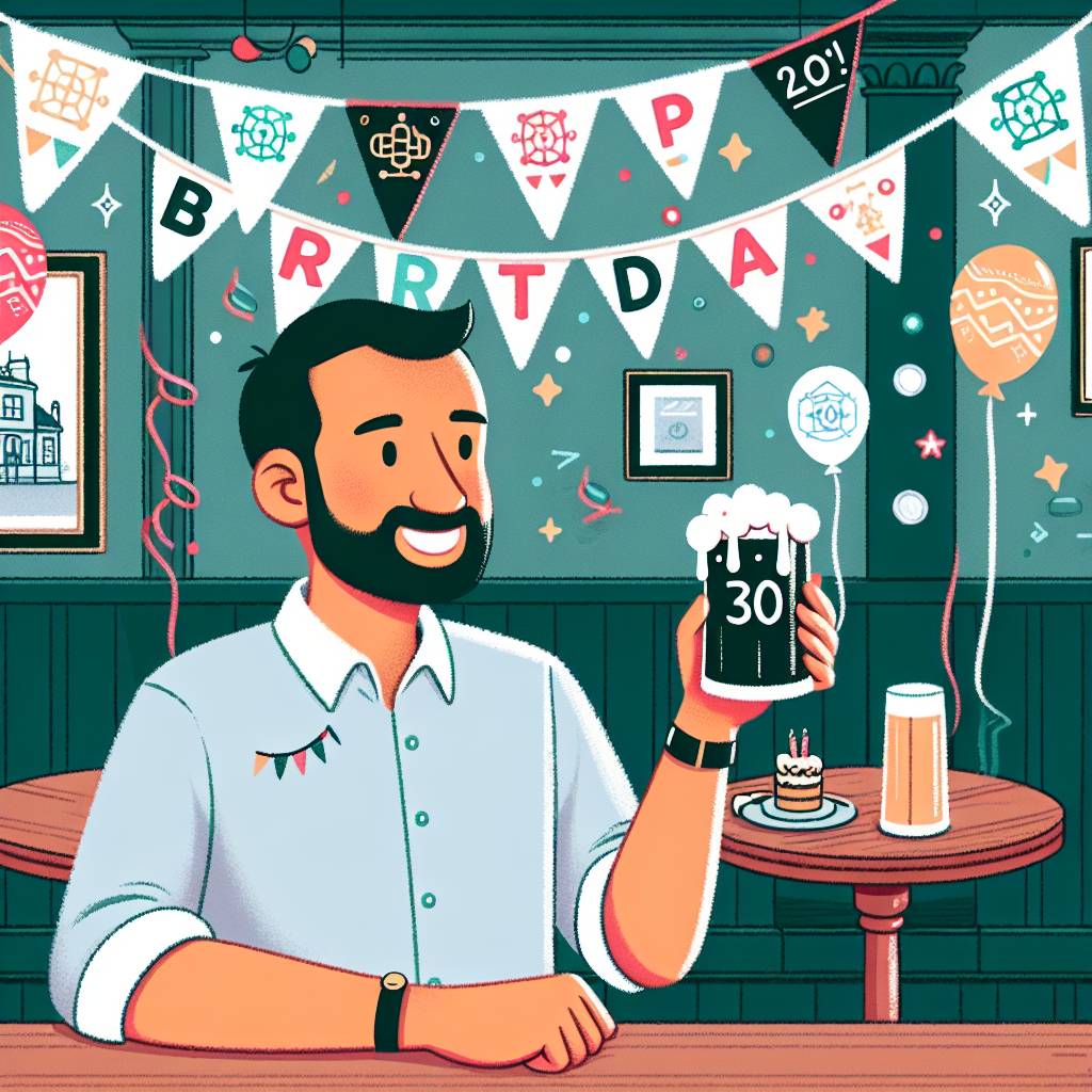 1) Birthday AI Generated Card - short hair Indian man, 30th birthday, lives in Hammersmith, likes coding, drinking small pint glass (e32a2)
