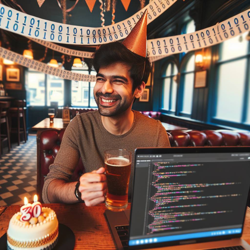 2) Birthday AI Generated Card - short hair Indian man, 30th birthday, lives in Hammersmith, likes coding, drinking small pint glass (96d40)