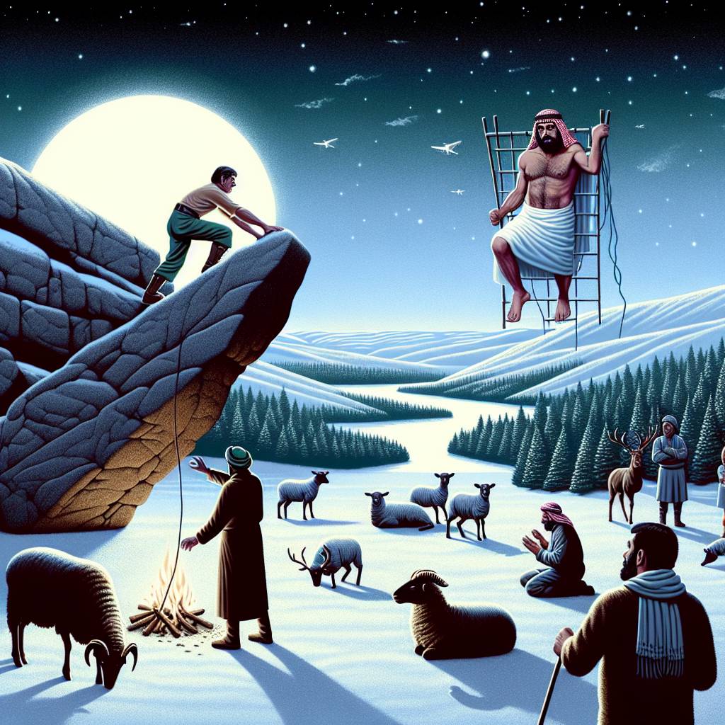 1) Christmas AI Generated Card - Jesus rock climbing on a boulder in the peak district national park, Snowing, full moon, Three wise men ready to catch jesus if he falls, Shepherds , and Santa cooking rudolph on a spit in the background (42fc7)