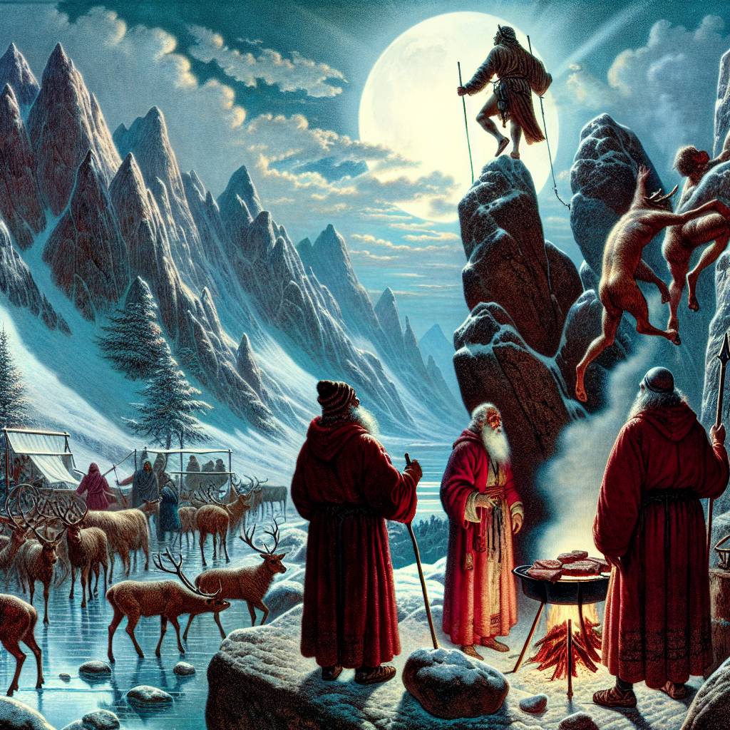 4) Christmas AI Generated Card - Jesus rock climbing on a boulder in the peak district national park, Snowing, full moon, Three wise men ready to catch jesus if he falls, Shepherds , and Santa cooking rudolph on a spit in the background (3850c)