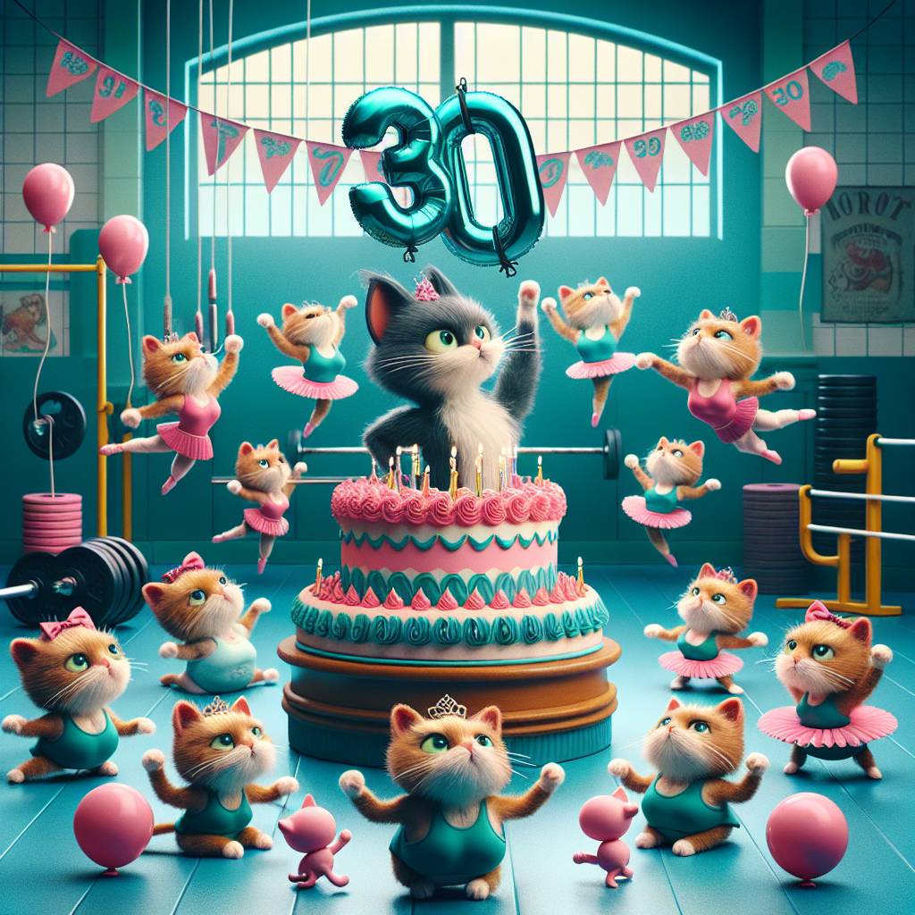 1) Birthday AI Generated Card - 30 Teal Pink Cakes ballet cats gym  (ebb10)