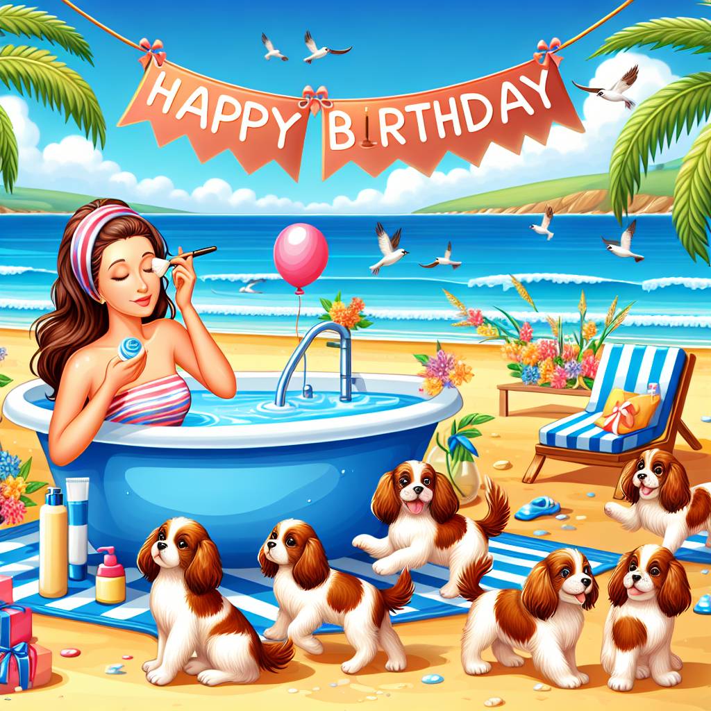 3) Birthday AI Generated Card - 3wns birthday for Julia whos loves king charles spaniels, Baths and face cream, and Sunny beaches (a886e)})
