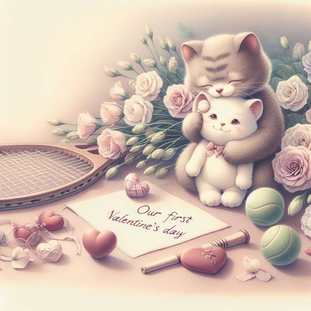 1) Valentines-day AI Generated Card - Cat, Bear, Lisianthus Flower, Word “ our first Valentine’s Day”, Hearts , Hug , and Tennis  (111d7)