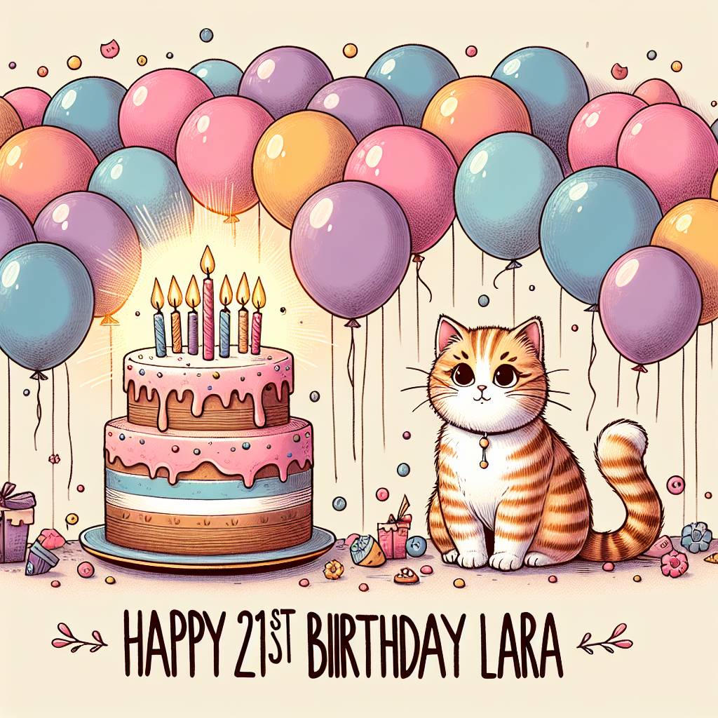 2) Birthday AI Generated Card - Ginger cat tiger stripes sat next to a cake with candles on and balloons in the background with the message Happy 21st Birthday Lara above the cat and cake, and Pink, purple, blue theme (6dbbd)