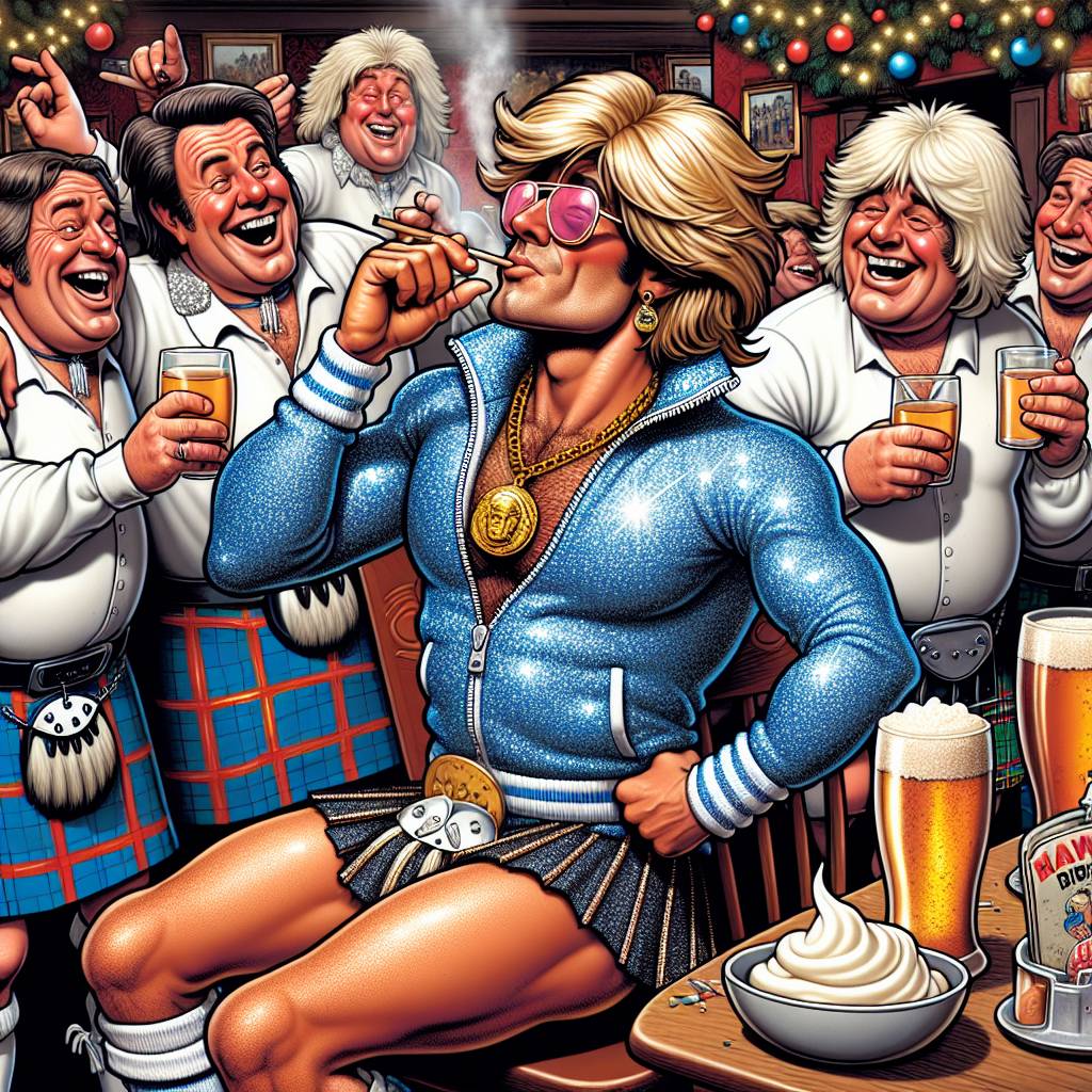 3) Christmas AI Generated Card - Party where birthday boy is dressed in a shiny blue tracksuit with a gold medallion necklace with long blond hair and pink sunglasses smoking a large cigar, Party is in a bar where the birthday boy is licking cream from a female , The party is a bunch of guys watching the birthday boy having fun licking the cream , Everyone is drinking alcohol and laughing filming the birthday boy licking the cream from the sexy female , People are filming it on there camera phones, and There are men dressed in short grey skirts and white blouses with a tie wearing large blong wigs (4e61e)