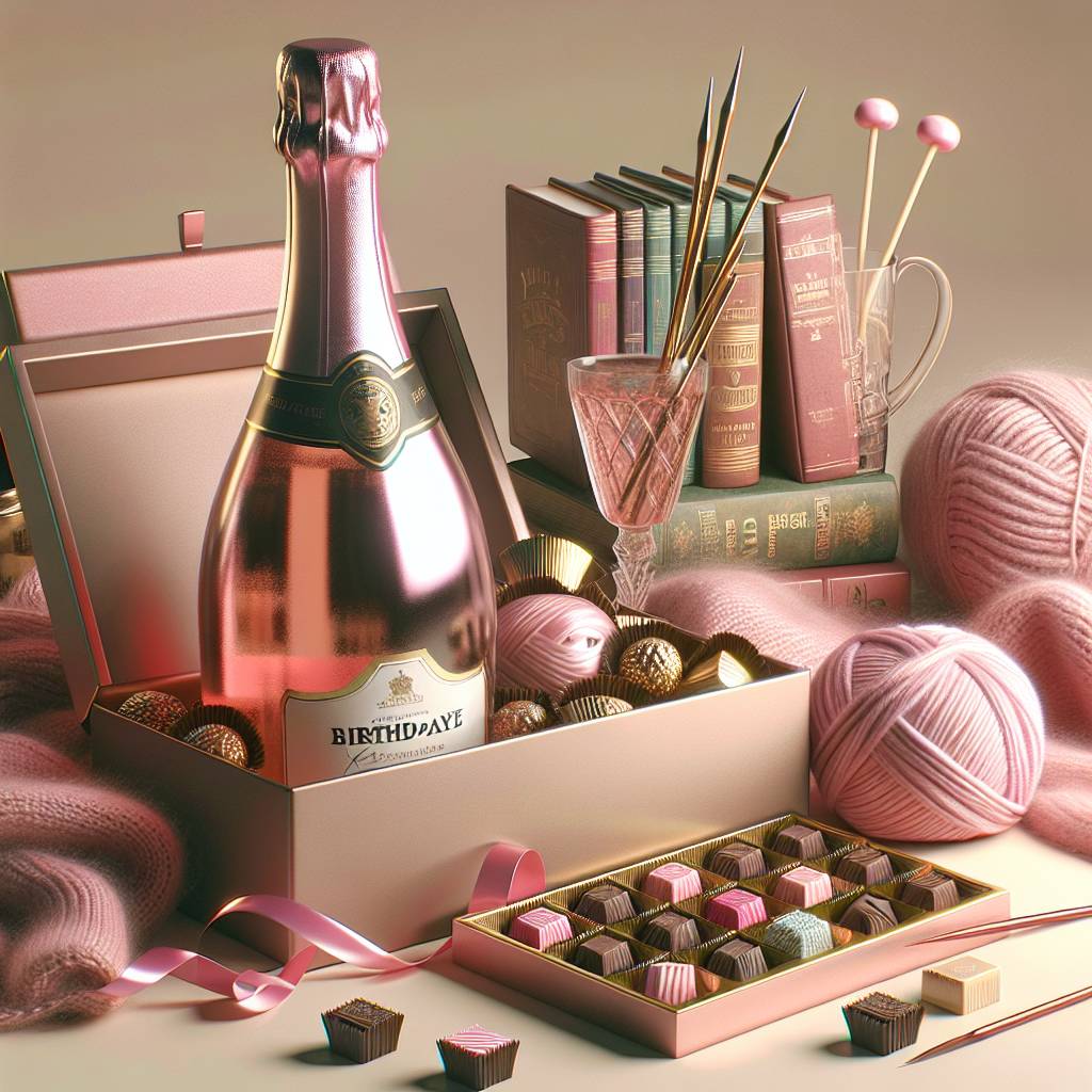 2) Birthday AI Generated Card - Pink champagne chocolates knitting books (3a53e)