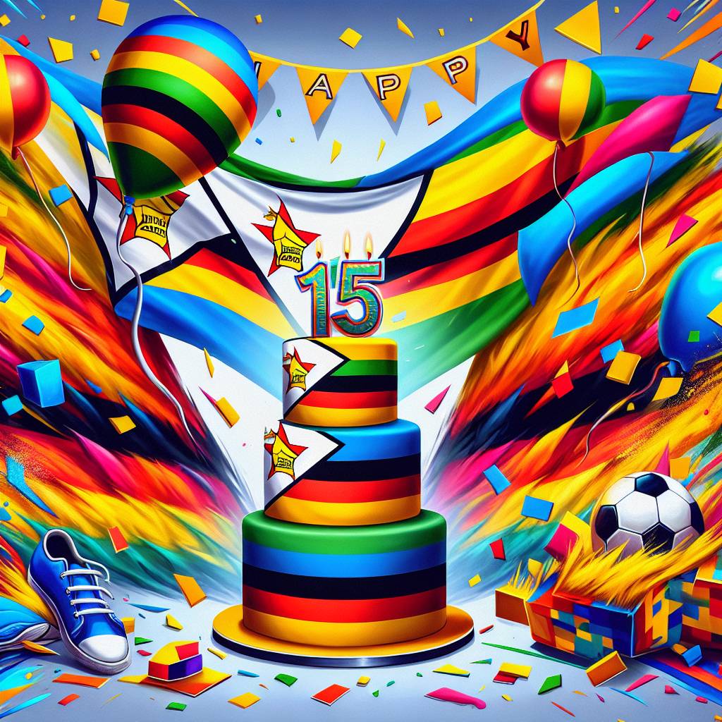 1) Birthday AI Generated Card - Zimbabwe flag, Chelsea football club , and 15 th birthday  (241e4)