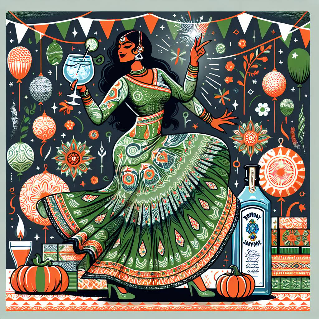 1) Birthday AI Generated Card - Orla Kiely Pattern design, Indian woman dancing with green dress and long socks, and Bombay sapphire gin