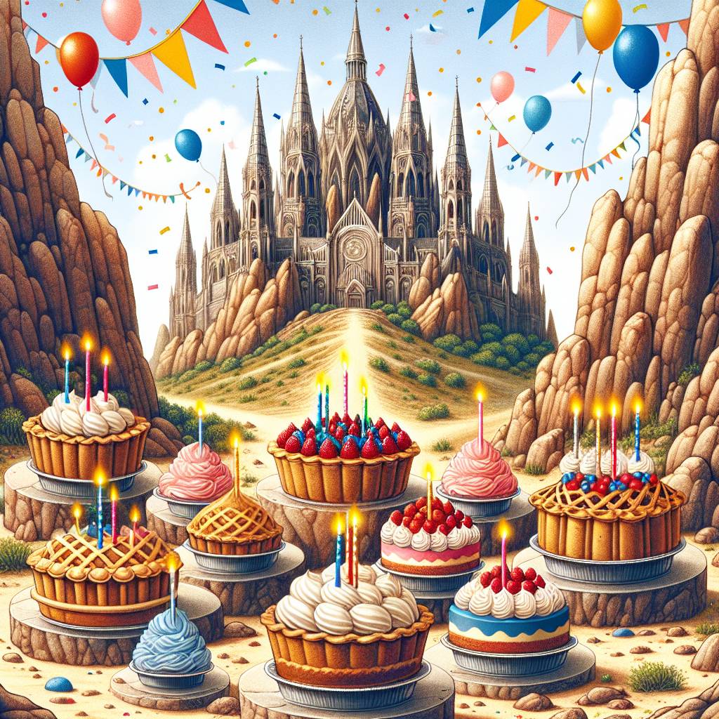 1) Birthday AI Generated Card - Pies , Rocks, and Catherdals (2bde1)