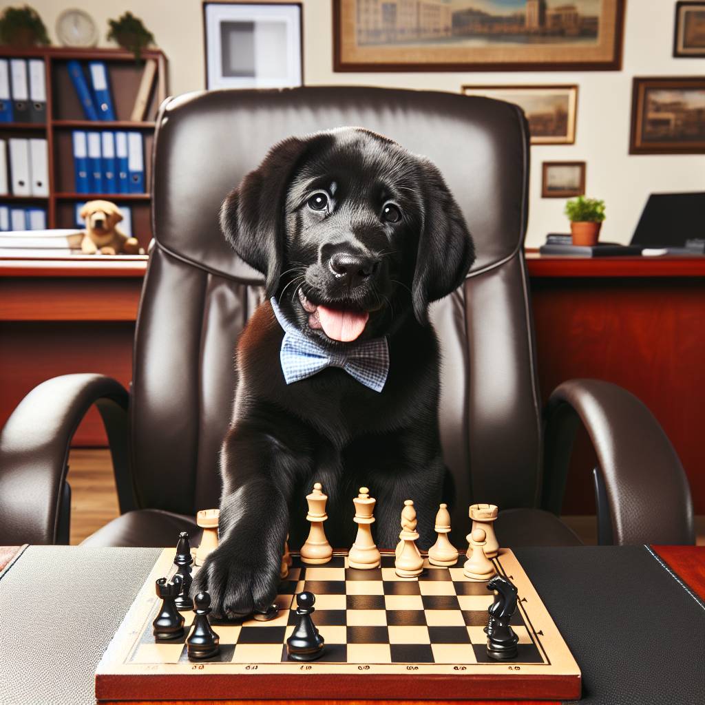 1) Thank-you AI Generated Card - Black labrador puppy, Chess, and Office (a3b5d)