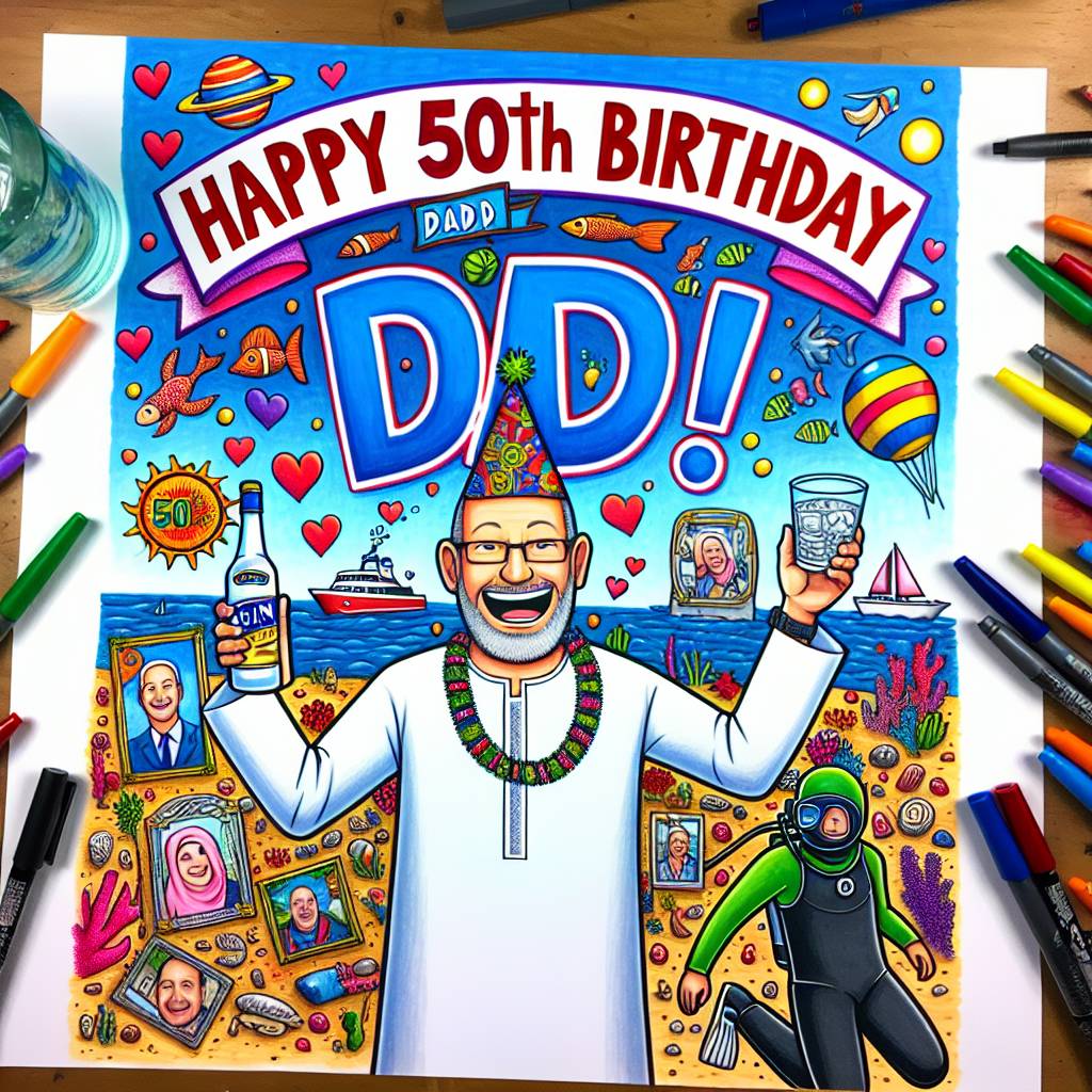 1) Birthday AI Generated Card - Happy 50th Birthday Dad, Gin, Scuba diving, Love, and Holidays (41679)