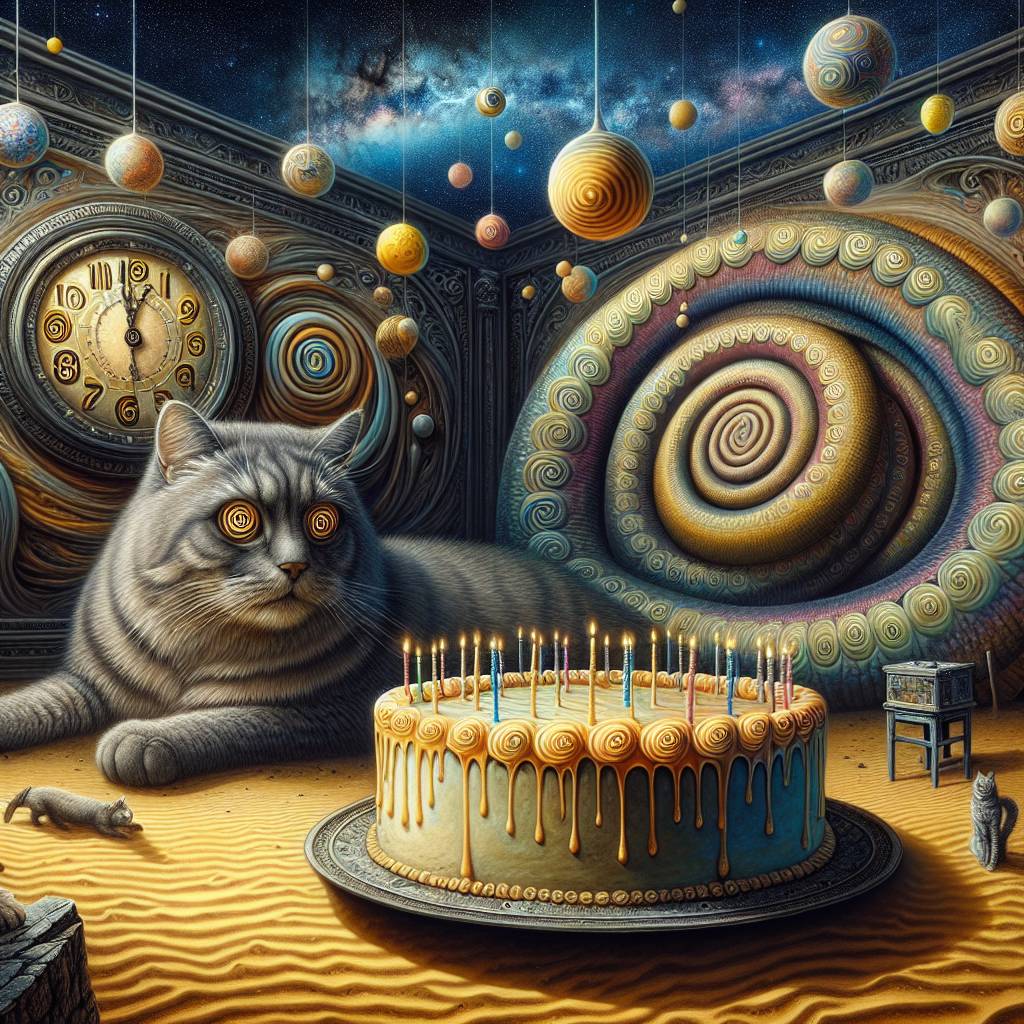 2) Birthday AI Generated Card - Grey tabby cat, Giant worm no eyes, and Dune film (f08ba)