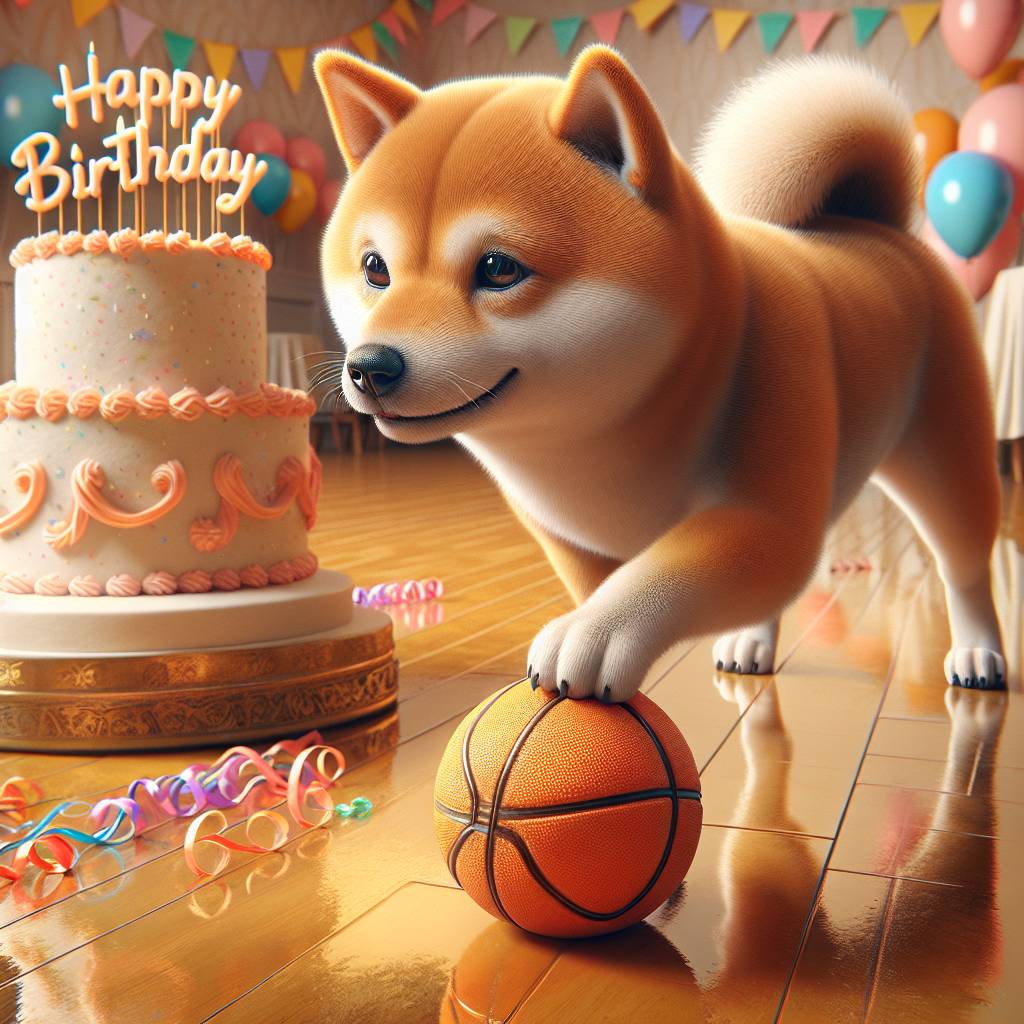 2) Birthday AI Generated Card - Shiba Inu playing basketball  (5d91e)