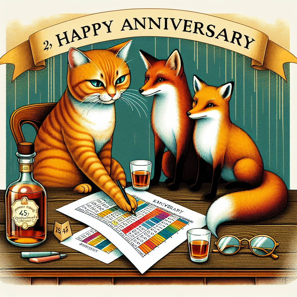 1) Anniversary AI Generated Card - Ginger cat, Foxes, Spreadsheets , and Rum (8e6a8)