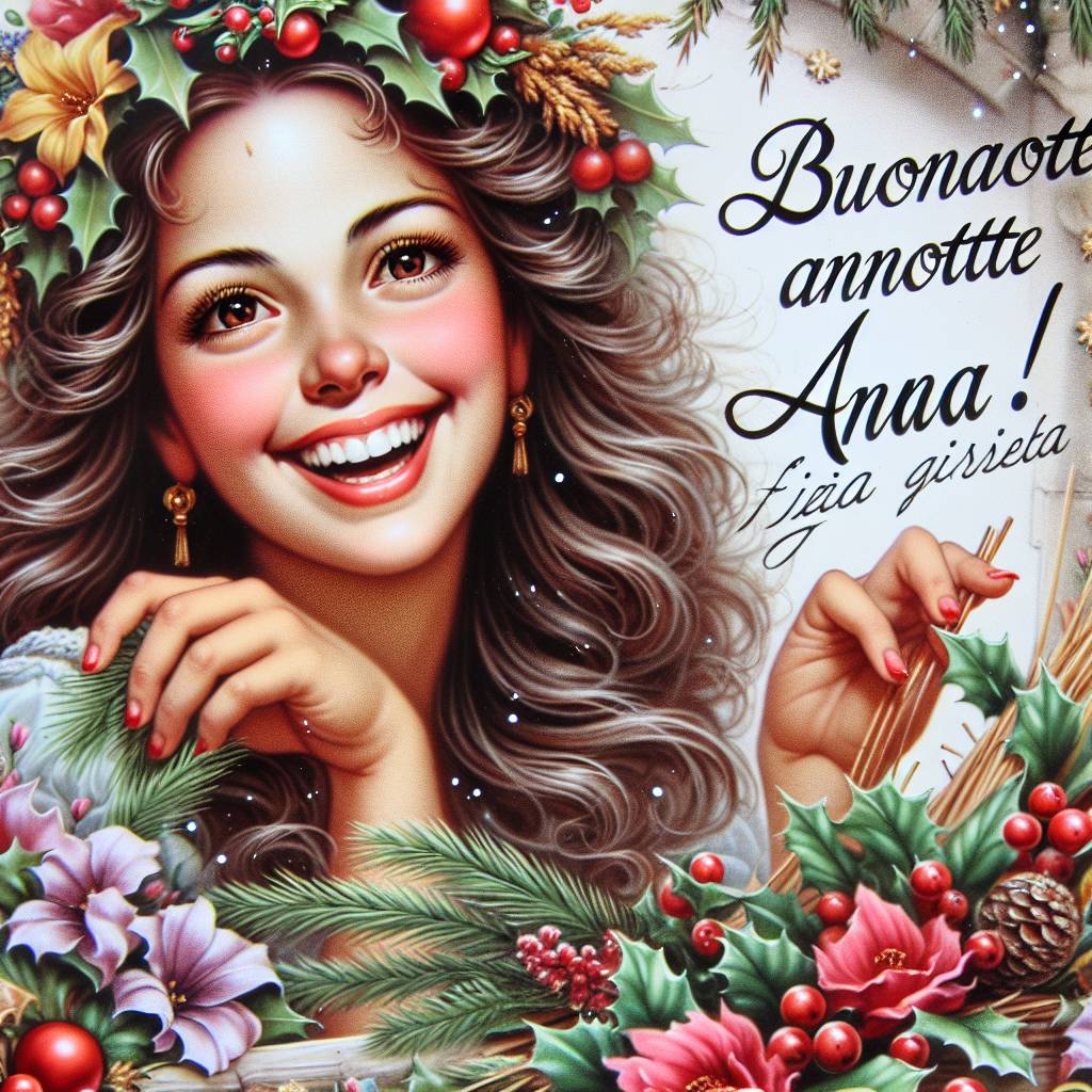 3) Christmas AI Generated Card - Woman with long brown hair, brown eyes huge smile working with flowers  (2de43)