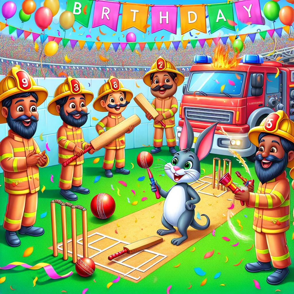 1) Birthday AI Generated Card - Cricket sport, and Firefighting (6d846)