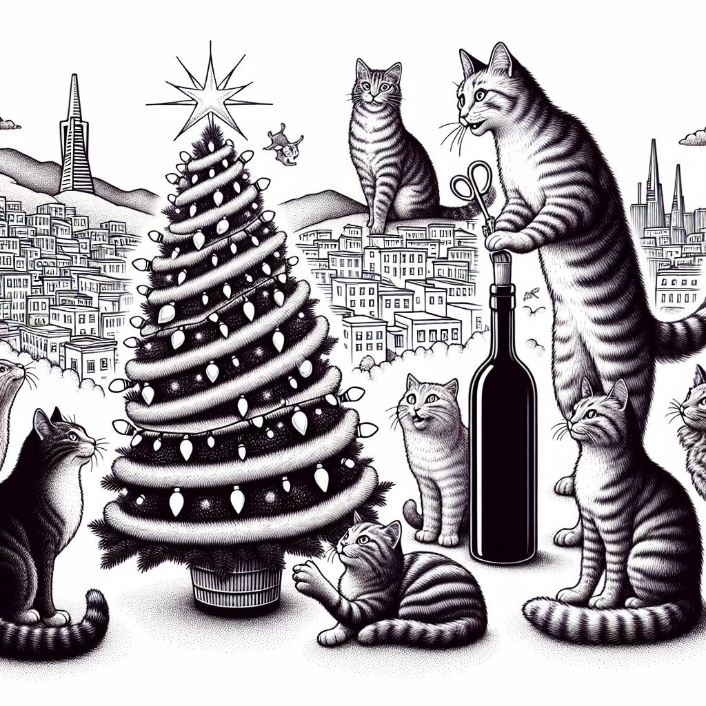 2) Christmas AI Generated Card - Wine, San Francisco, and Cats (e490a)})