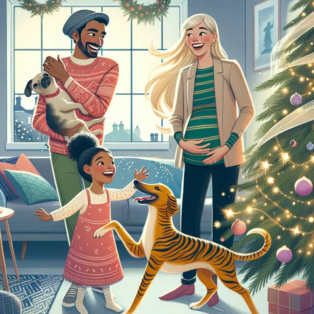 1) Christmas AI Generated Card - Whippet tiger stripes, Daughter mixed race age 2 , Blonde pregnant mum , and Indian trendy dad  (29c28)