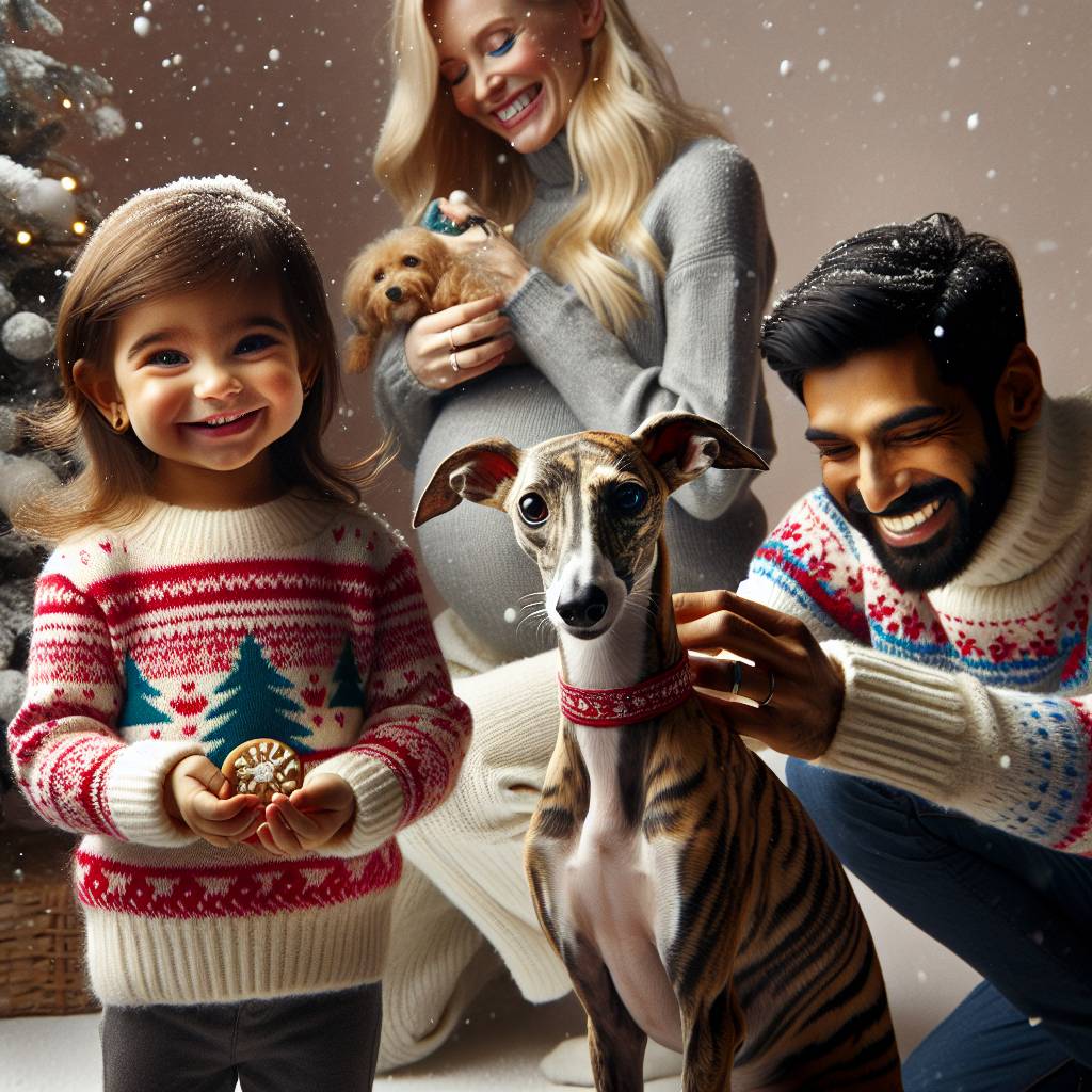 4) Christmas AI Generated Card - Whippet tiger stripes, Daughter mixed race age 2 , Blonde pregnant mum , and Indian trendy dad  (7f4f7)