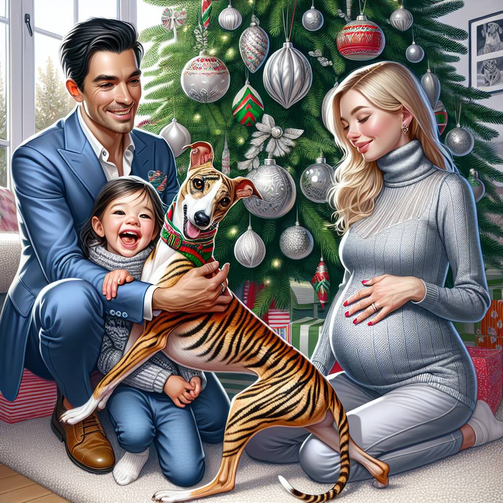 2) Christmas AI Generated Card - Whippet tiger stripes, Daughter mixed race age 2 , Blonde pregnant mum , and Indian trendy dad  (80291)
