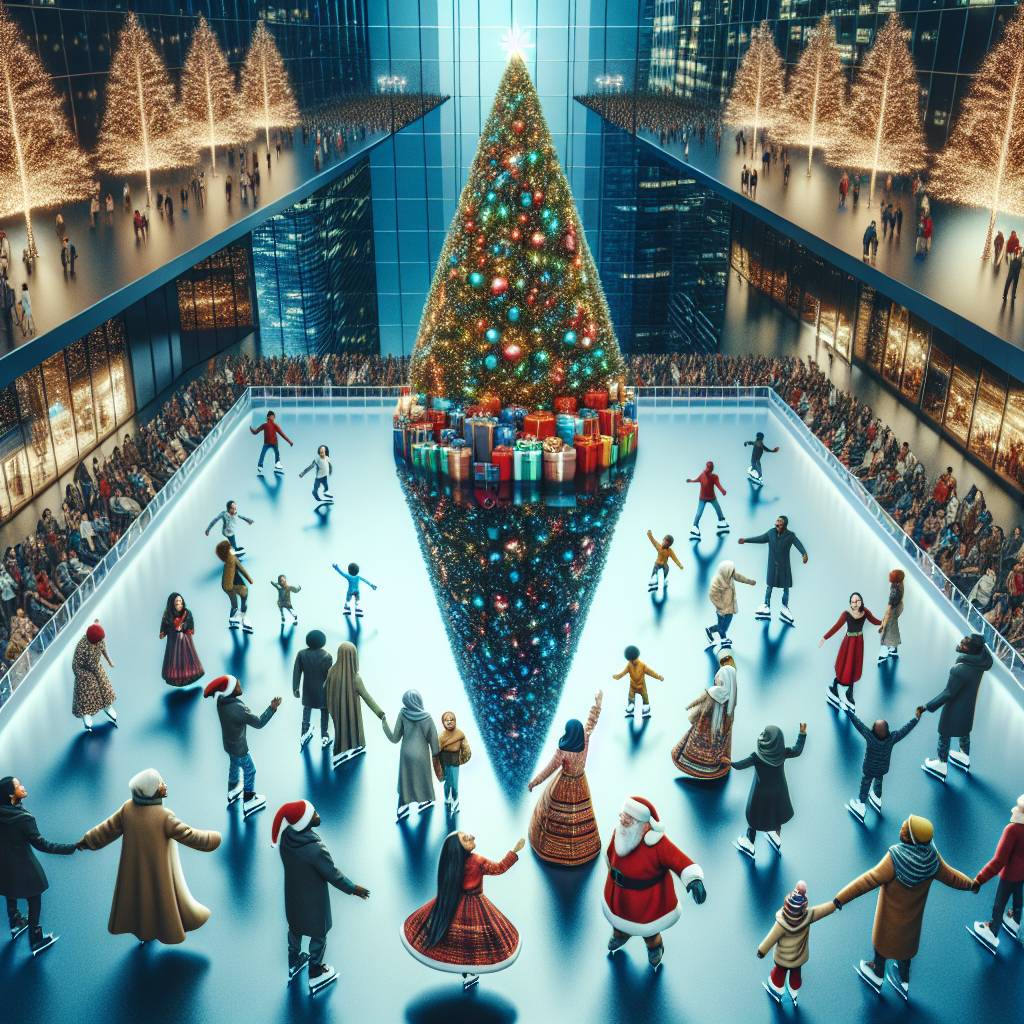 1) Christmas AI Generated Card - Christmas tree in media city, Presents, Manchester, Illuminated decorations, People of different ethnicities, and Ice skating rink (7c0d4)