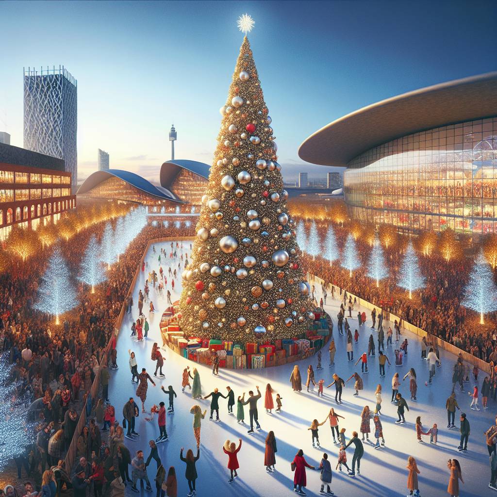 2) Christmas AI Generated Card - Christmas tree in media city, Presents, Manchester, Illuminated decorations, People of different ethnicities, and Ice skating rink (1887b)