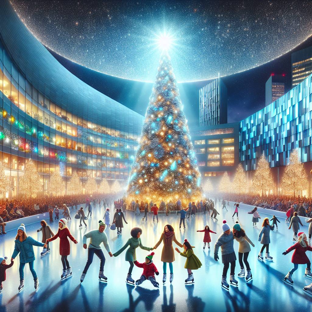 3) Christmas AI Generated Card - Christmas tree in media city, Presents, Manchester, Illuminated decorations, People of different ethnicities, and Ice skating rink (f7dc0)