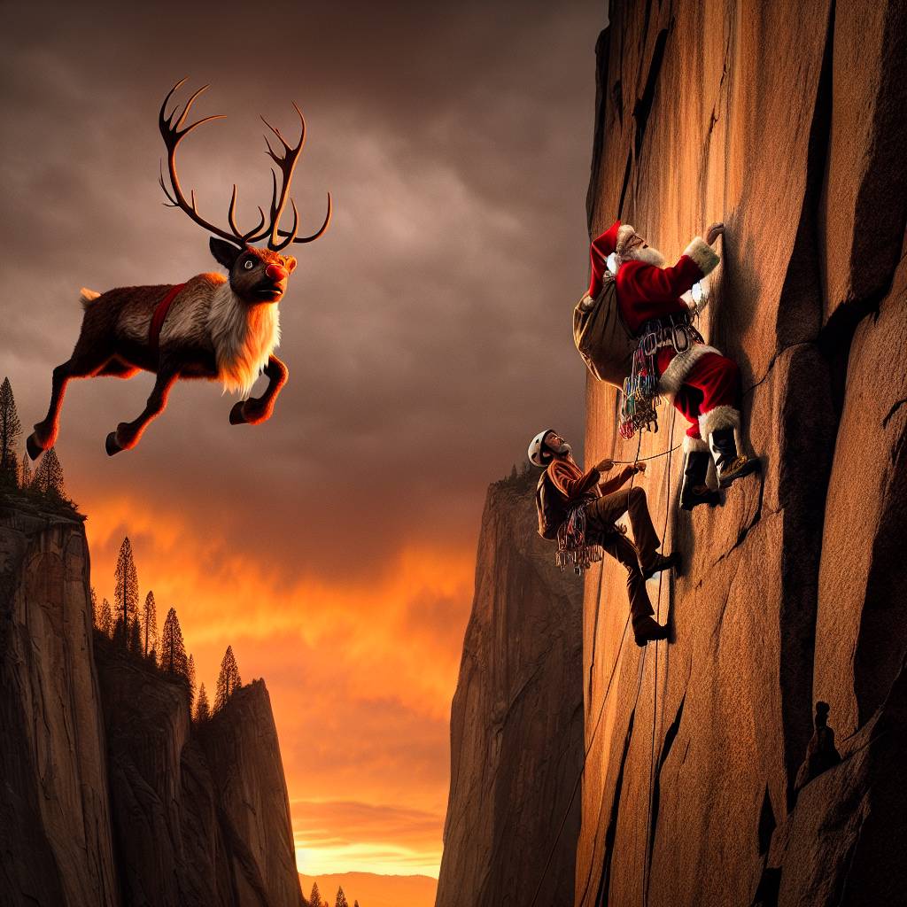 1) Christmas AI Generated Card - santa climbing in yosemite with alex honnald at sunset rudolph flying passed looking worried (59081)