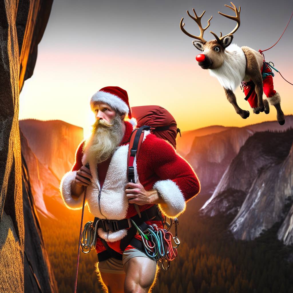 4) Christmas AI Generated Card - santa climbing in yosemite with alex honnald at sunset rudolph flying passed looking worried (ebc08)