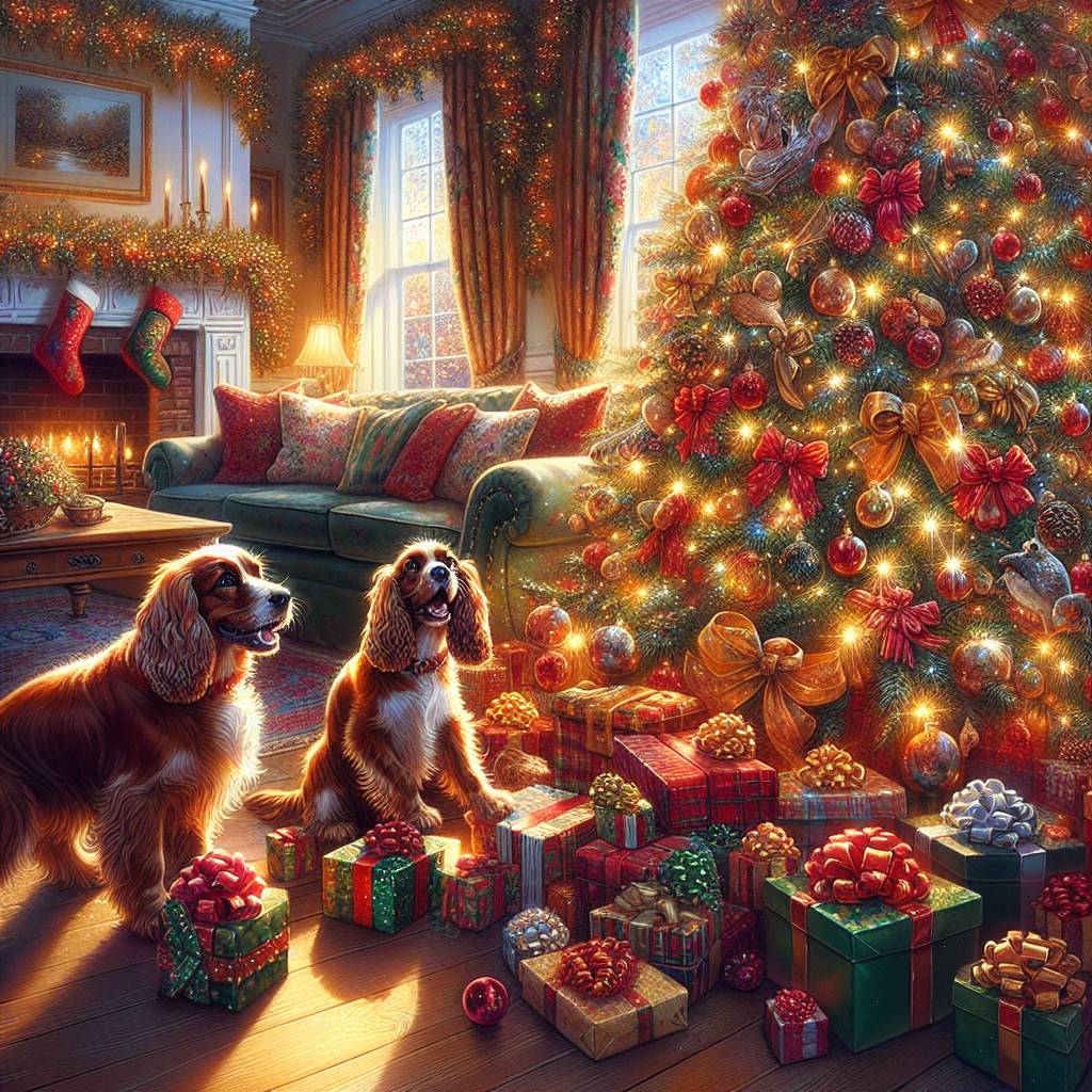 1) Christmas AI Generated Card - Two Spaniels, Christmas Tree, and Gifts (a4e6c)})