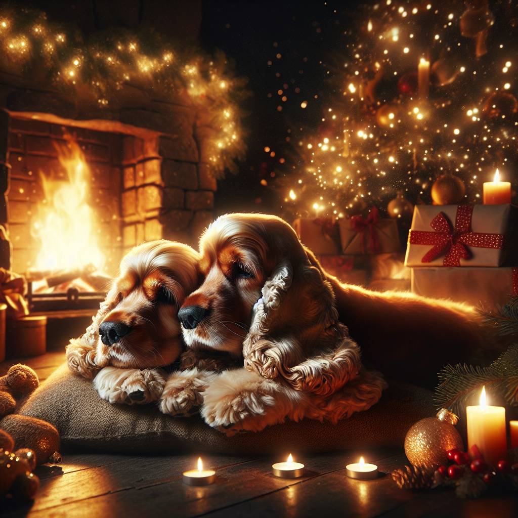 4) Christmas AI Generated Card - Two Spaniels, Christmas Tree, and Gifts (609f4)})
