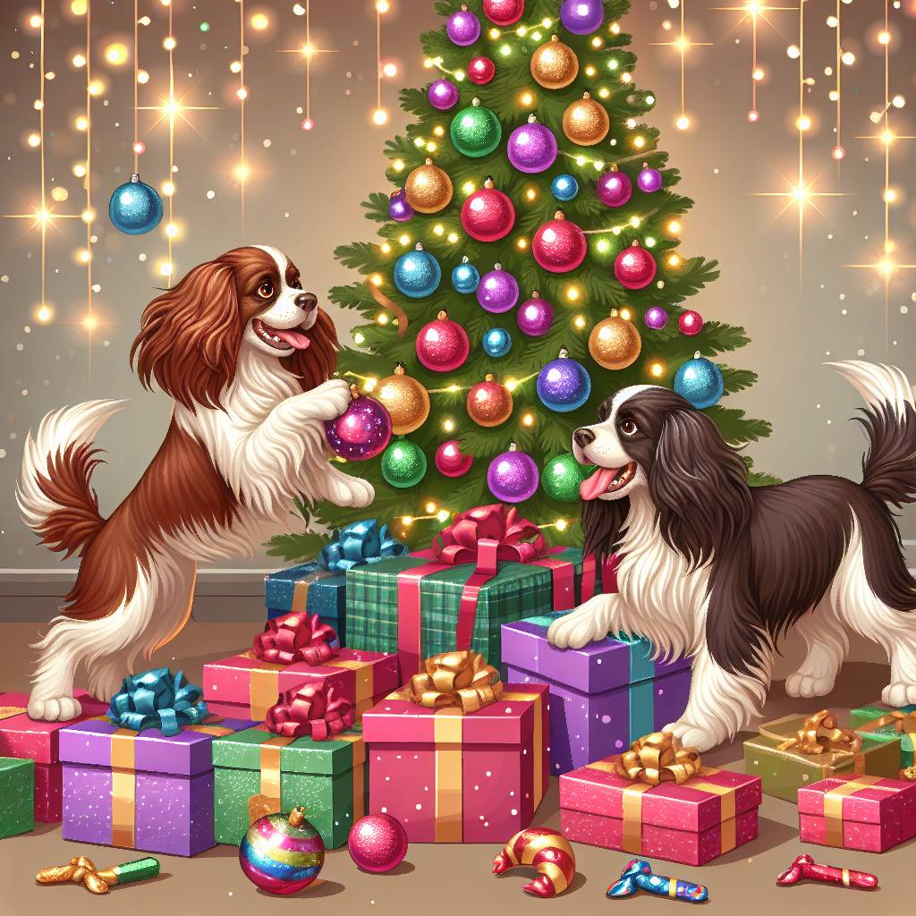 3) Christmas AI Generated Card - Two Spaniels, Christmas Tree, and Gifts (a2509)})