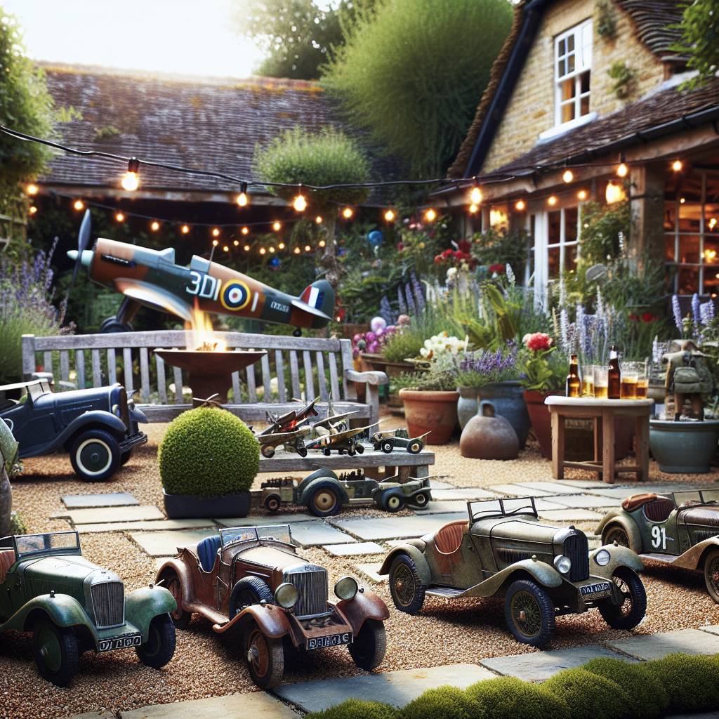 2) Birthday AI Generated Card - Vintage mini cars, Airfix British war planes, Gardening, Lager, and Firepit (f080c)