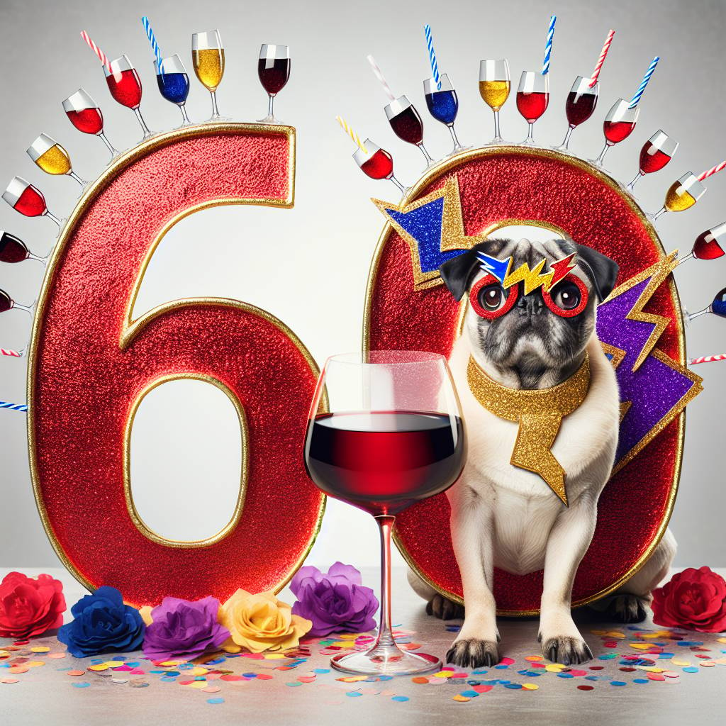 1) Birthday AI Generated Card - David Bowie , Pug , Wine, and 60th birthday  (c7bfd)
