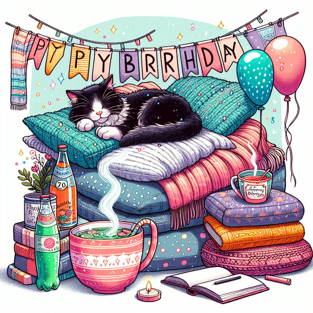 1) Birthday AI Generated Card - Tuxedo cat, Herbal tea, Blankets, Naps, Lord of the rings, and Vimto (98ce7)
