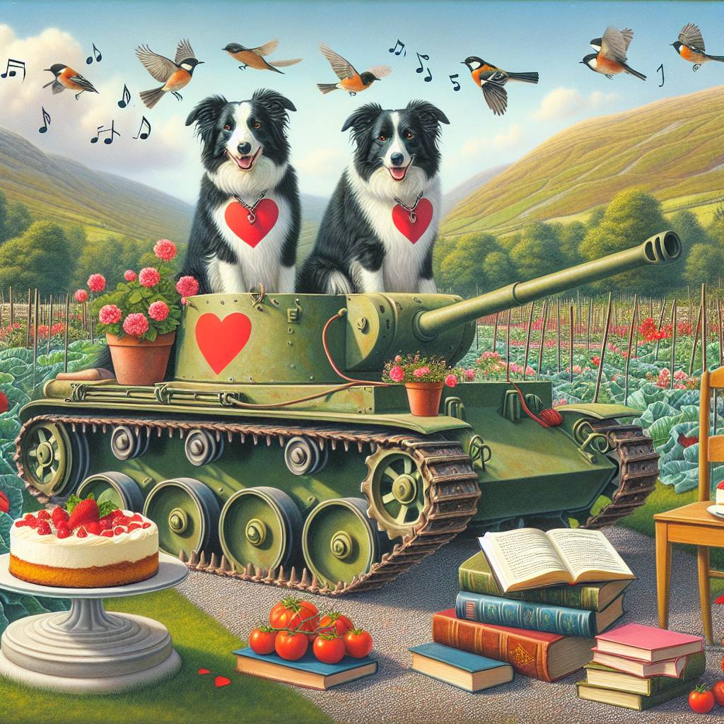 1) Valentines-day AI Generated Card - Books, Border collies, Tanks, Birds, Hiking, Cheesecake, Welsh, Music, and Growing vegetables (a9b26)