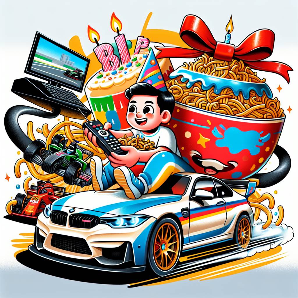1) Birthday AI Generated Card - Bmw, F1, Tv, and Chow mein (ef26a)