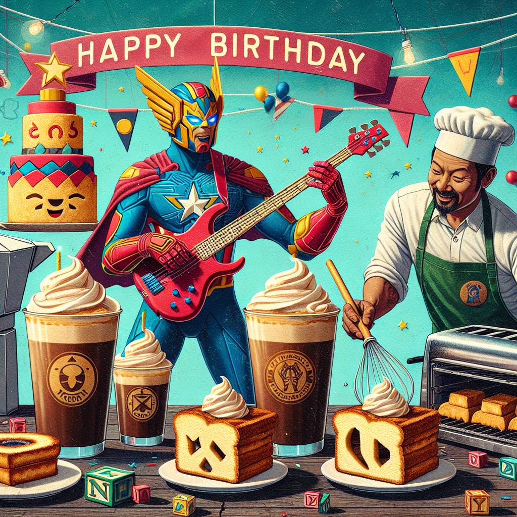 2) Birthday AI Generated Card - Marvel, Coffee, Bass player , Lego, and Pop tarts  (bd3c9)